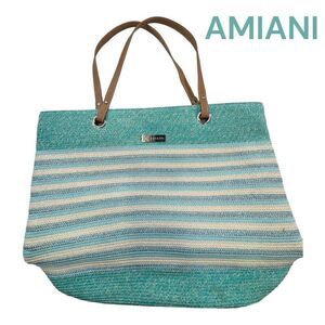 Amiani Womens Striped Double Handle Beach Tote Handbag teal White Size Large